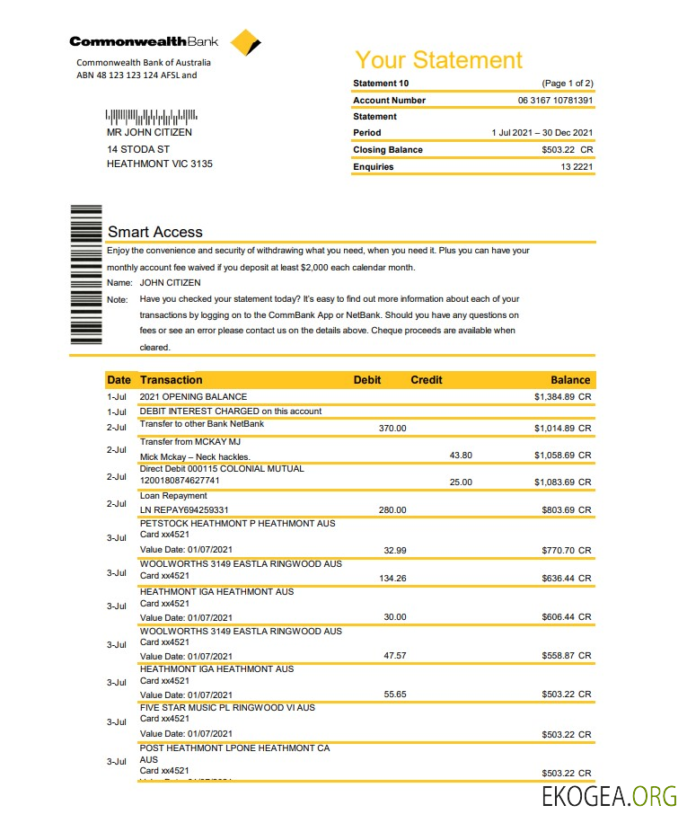Modèle de relevé de la Commonwealth Bank d'Australie au format Excel et PDF, entièrement modifiable